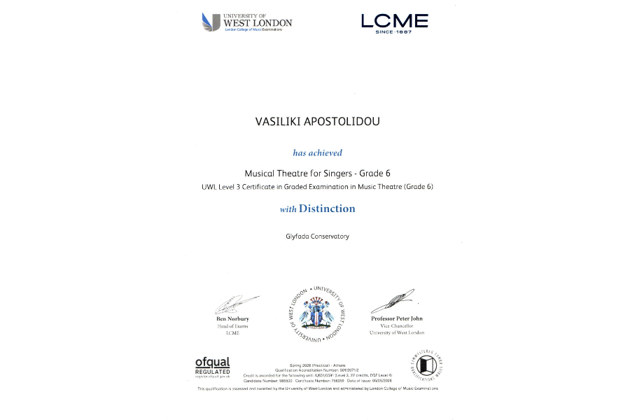 Με κορυφαία διάκριση στις εξετάσεις του London College of Music Examinations (LCME) η μαθήτρια του Ωδείου Μητσάκου Βασιλική Αποστολίδου
